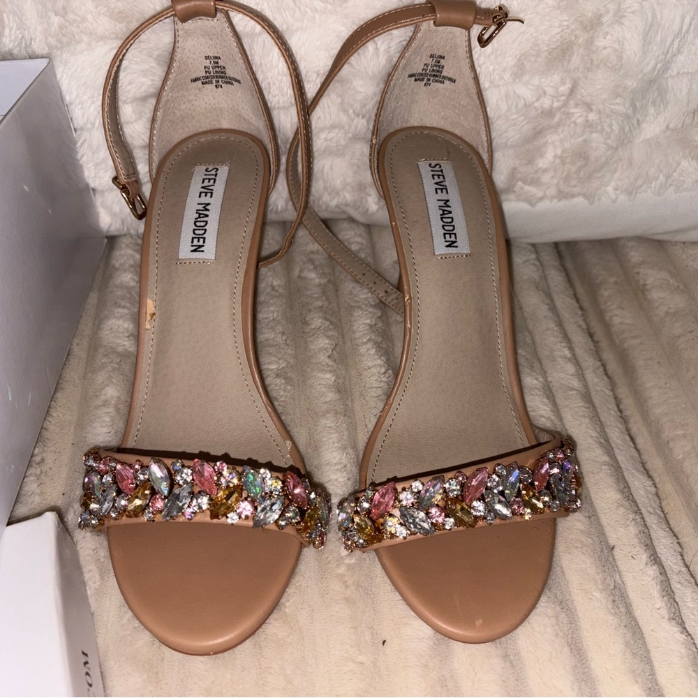Steve Madden Tan Heels with Crystal Embellishments